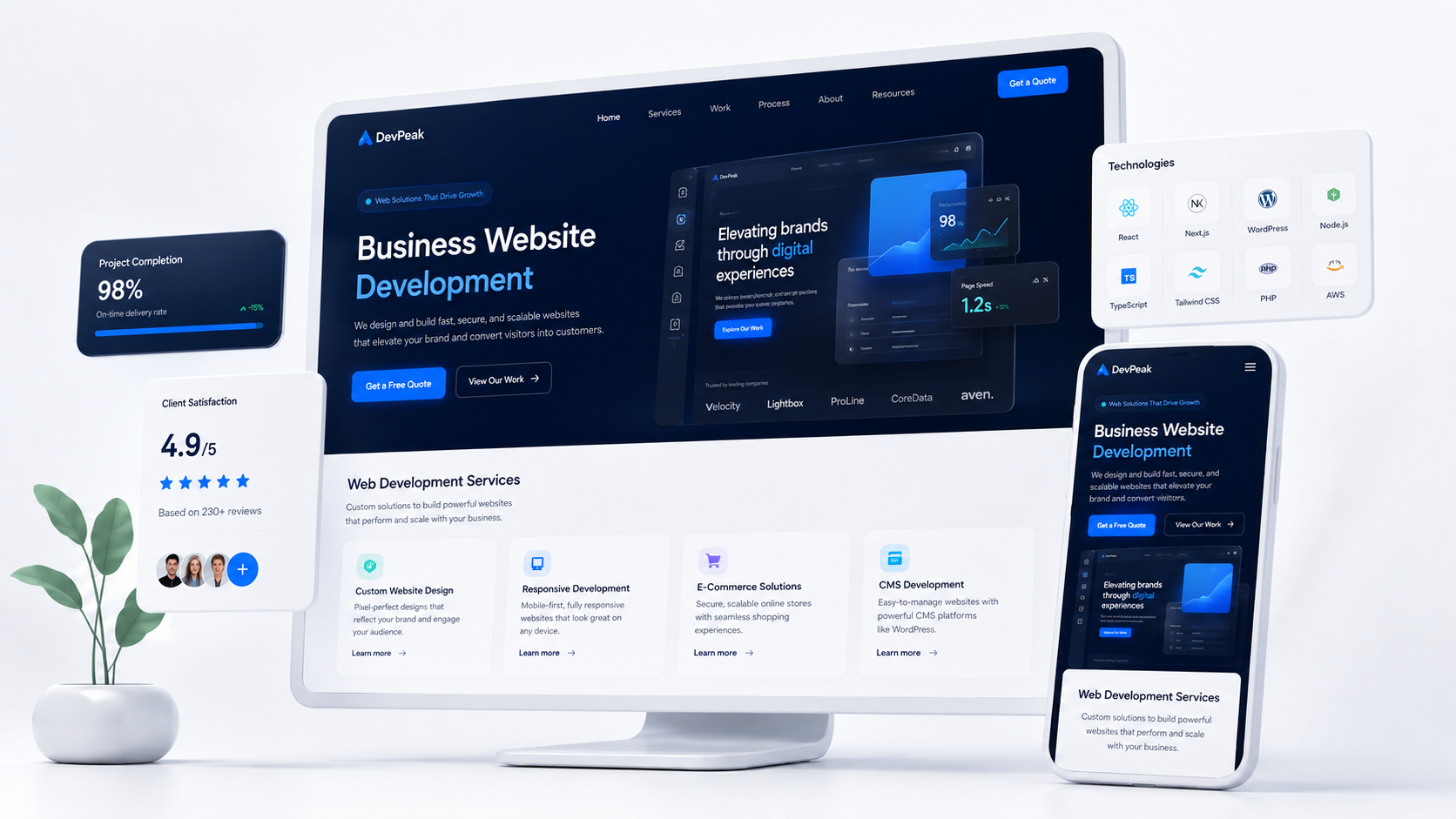Business website interface shown across responsive devices