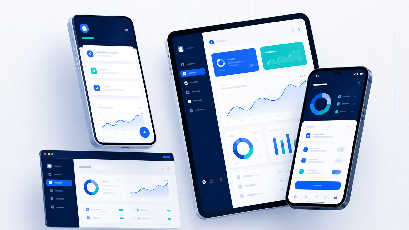 Premium responsive design system shown across desktop, tablet, and phone interfaces