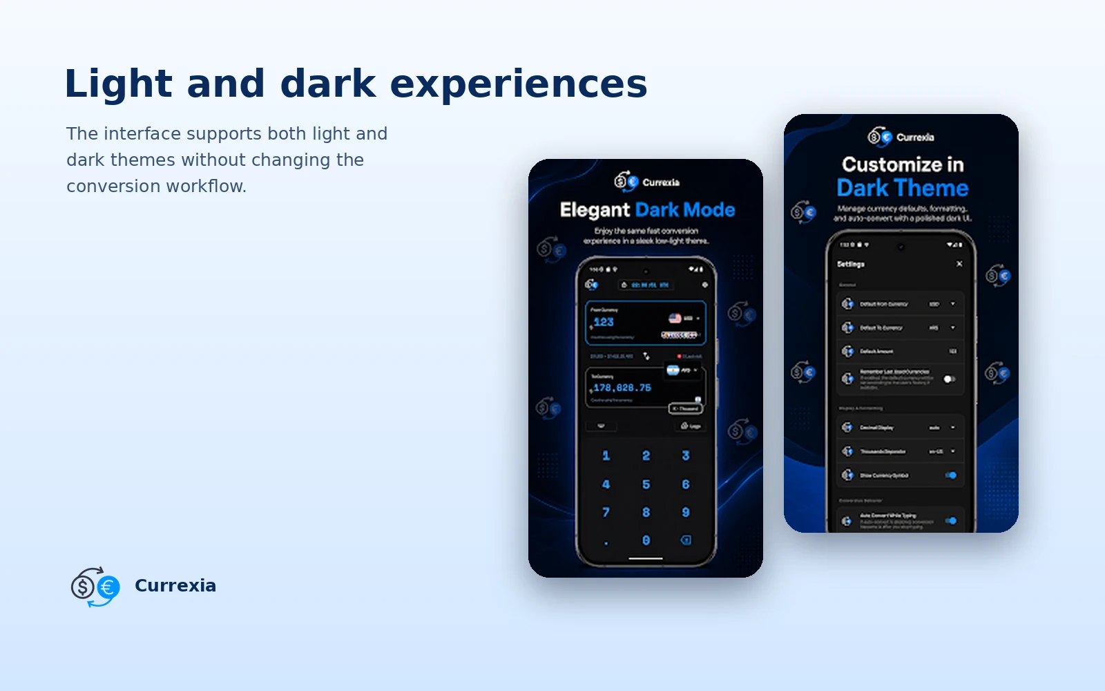 Currexia — Light and dark themes